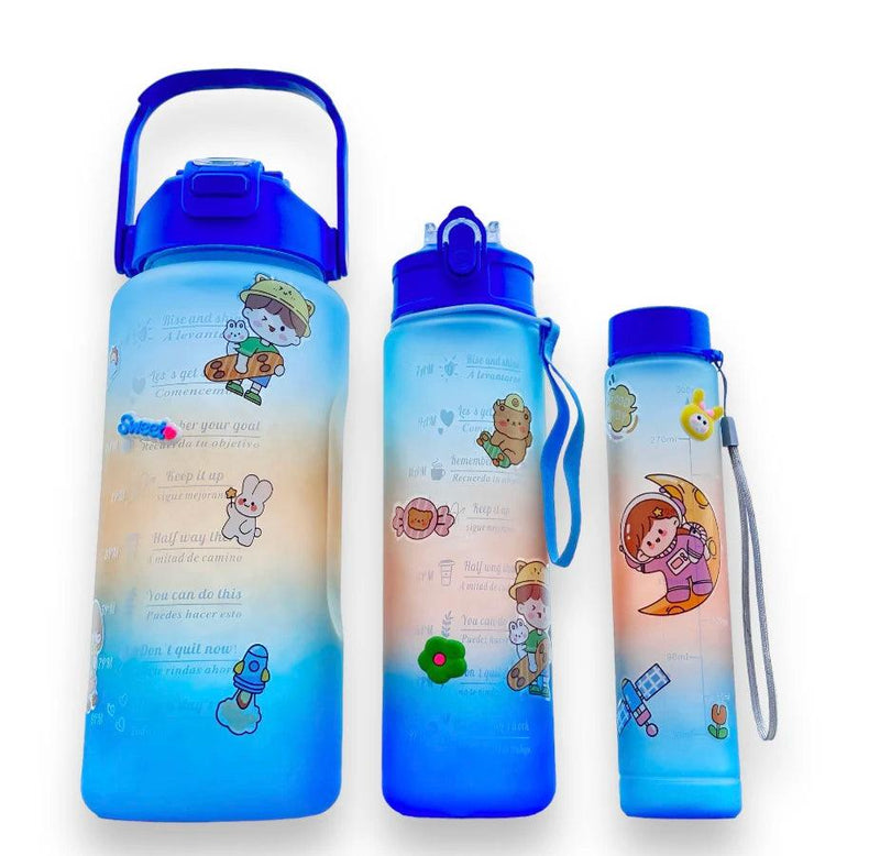 Kit 3 Garrafas de Água: 2L | 900ml | 300ml Com Adesivos Motivacionais Cores Aleatórias - AmigaVemK