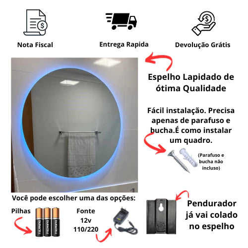 Espelho Redondo Lapidado com Led Embutido