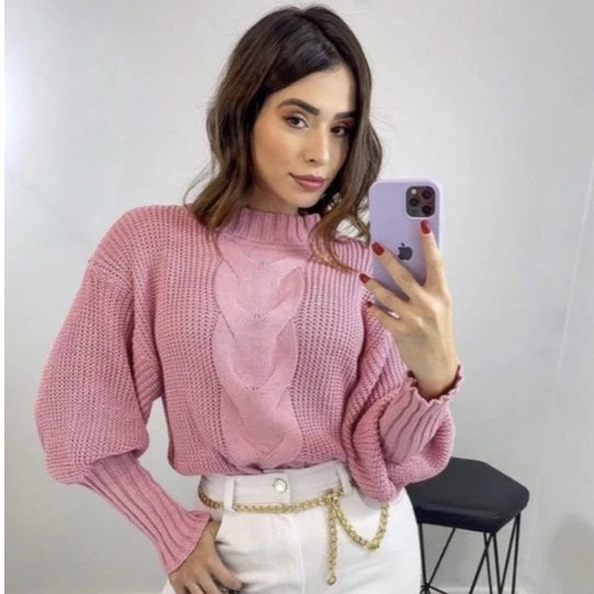 Blusa Tricot Luxo de Alta Qualidade Manga Longa com Trança