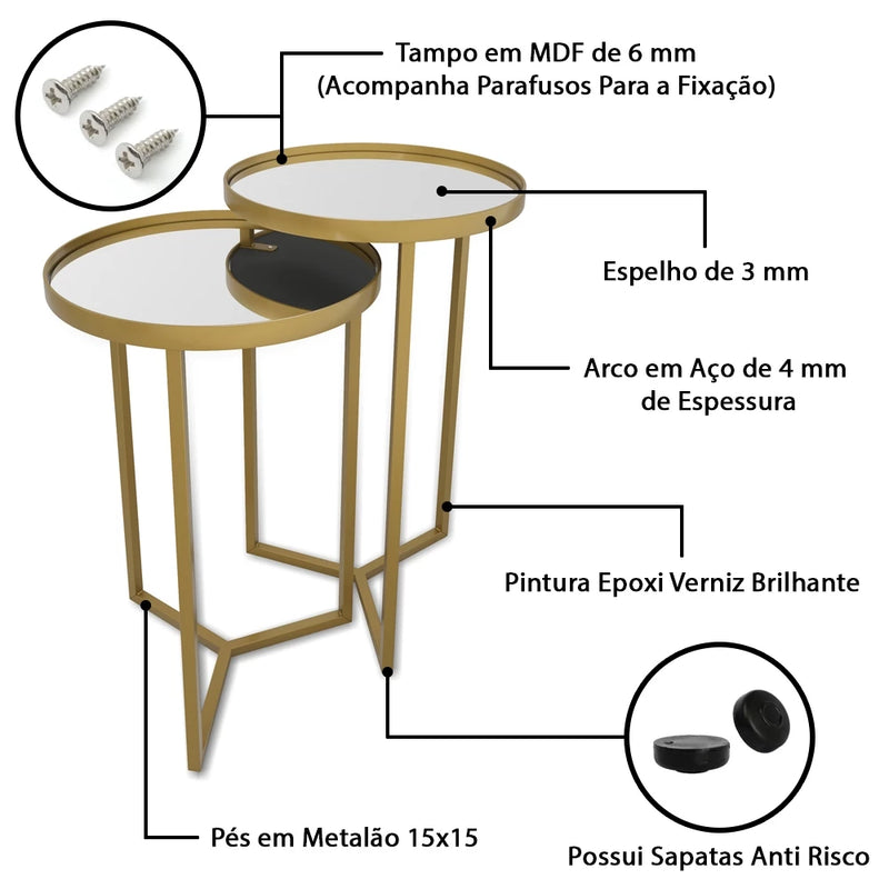 Conjunto de Mesa Lateral Aço Com Espelho Steel Glass Estilo Industrial Várias Cores