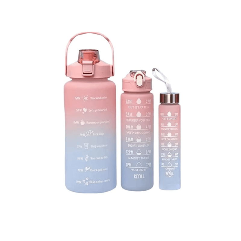 Kit 3 Garrafas de Água: 2L | 900ml | 300ml Com Adesivos Motivacionais Cores Aleatórias - AmigaVemK