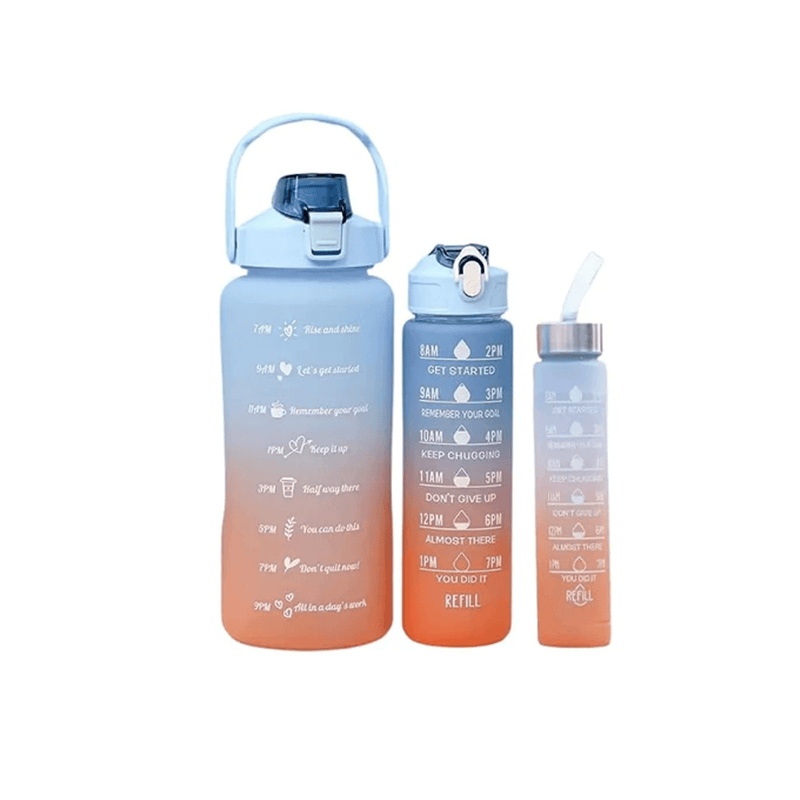 Kit 3 Garrafas de Água: 2L | 900ml | 300ml Com Adesivos Motivacionais Cores Aleatórias - AmigaVemK