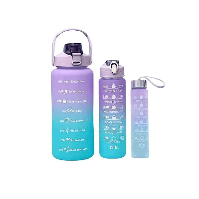 Kit 3 Garrafas de Água: 2L | 900ml | 300ml Com Adesivos Motivacionais Cores Aleatórias - AmigaVemK