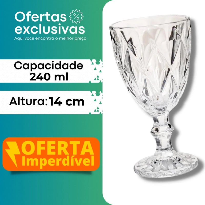 Jogo 6 Taça Diamante Copo Vidro Transparente 240ml