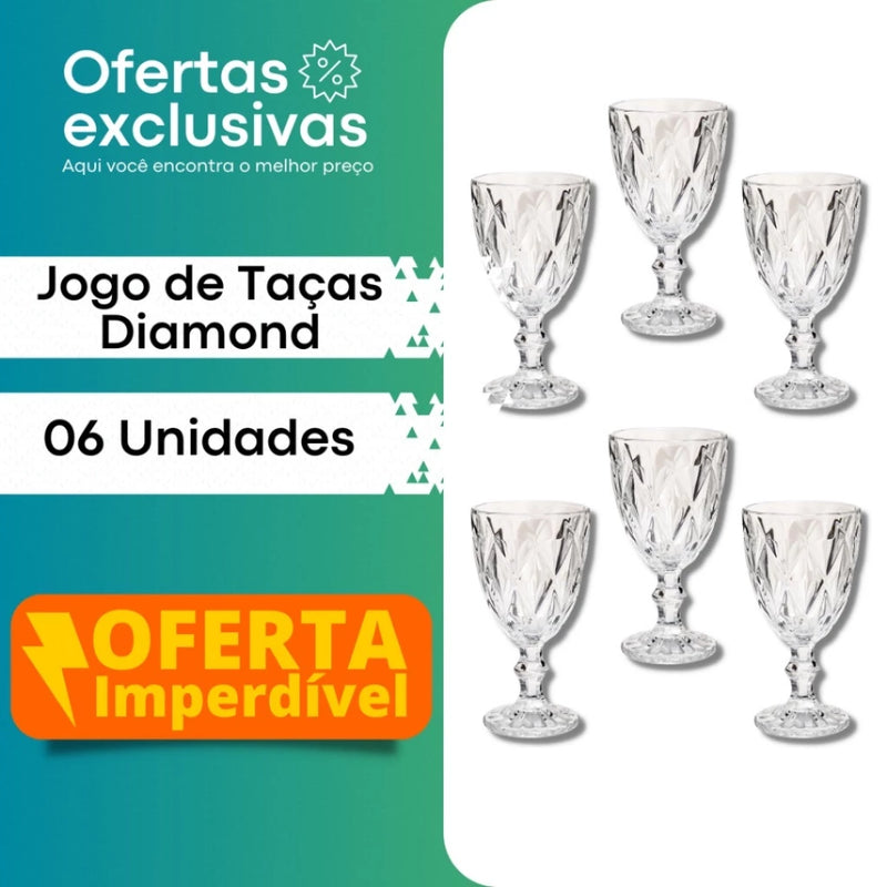 Jogo 6 Taça Diamante Copo Vidro Transparente 240ml