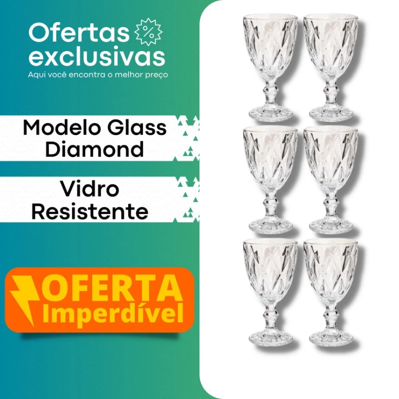 Jogo 6 Taça Diamante Copo Vidro Transparente 240ml